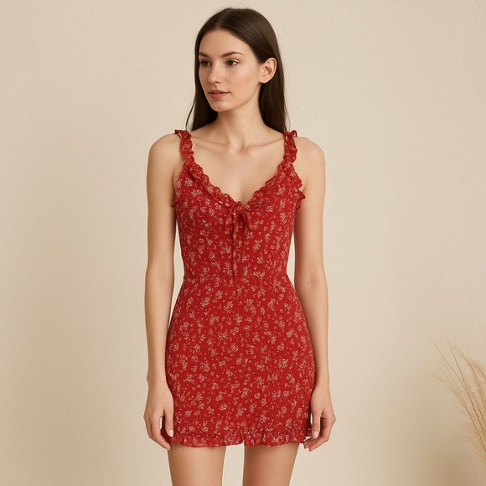 Japna Y2K Red Floral Ruffle Ruched Bodycon Mini Dress Cottagecore Size M